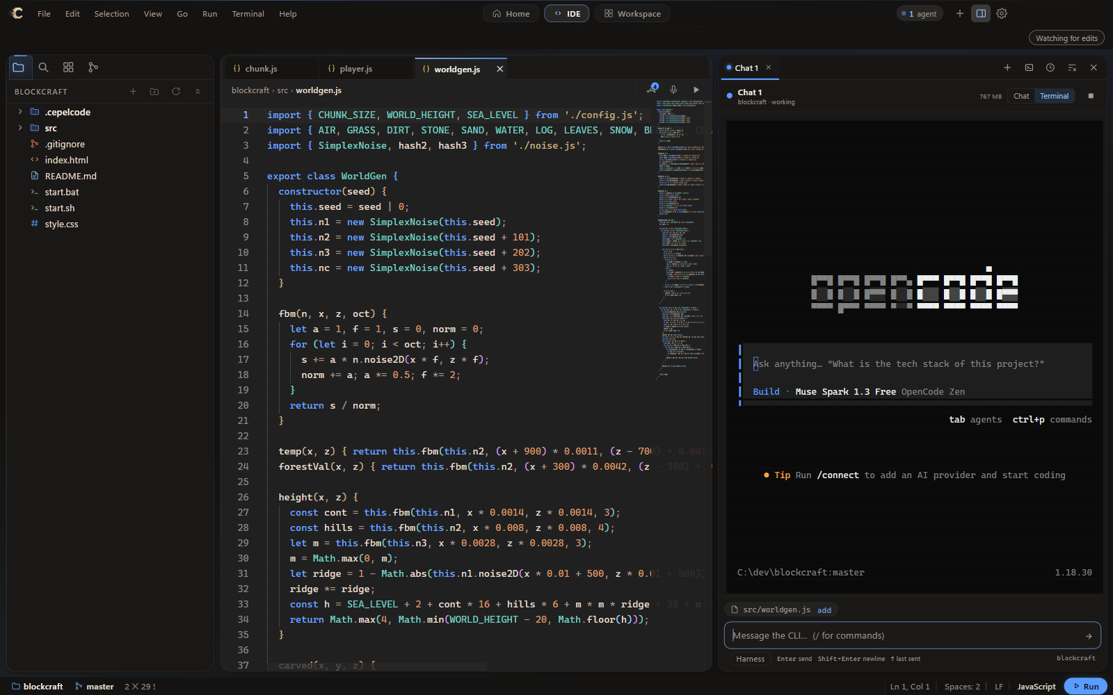 The chat dock on the right of the editor running OpenCode in its terminal view, with a composer underneath that reads Message the CLI.