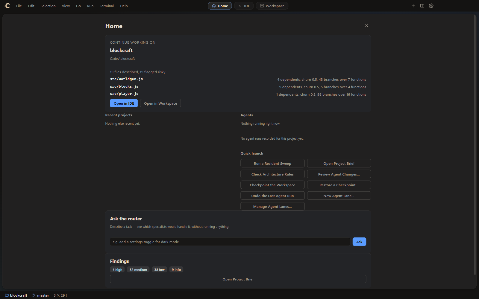 Home mode: the project blockcraft with its riskiest files listed, quick-launch buttons, a router prompt and a findings summary of four high, thirty-two medium, thirty-eight low.