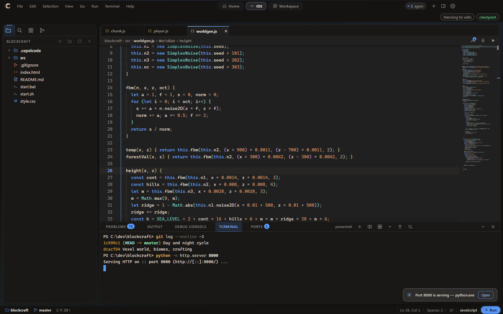 IDE mode: worldgen.js open with syntax colouring, the file tree, and a terminal panel serving the game on port 8000 — which the Ports tab has already noticed.