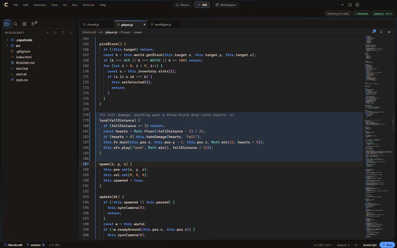The editor after an agent added a fall-damage method to player.js: the new lines are highlighted and a chip reads player.js +9/-0, Watching for edits.