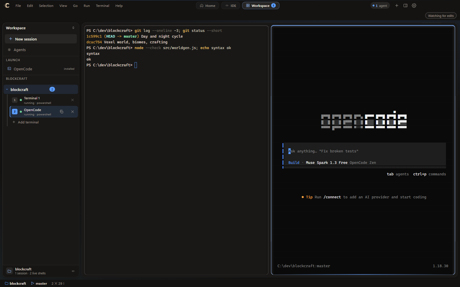 CepelCode in Workspace mode: a session called blockcraft with a PowerShell terminal on the left and OpenCode running in a second terminal on the right. The title bar reports one agent running.
